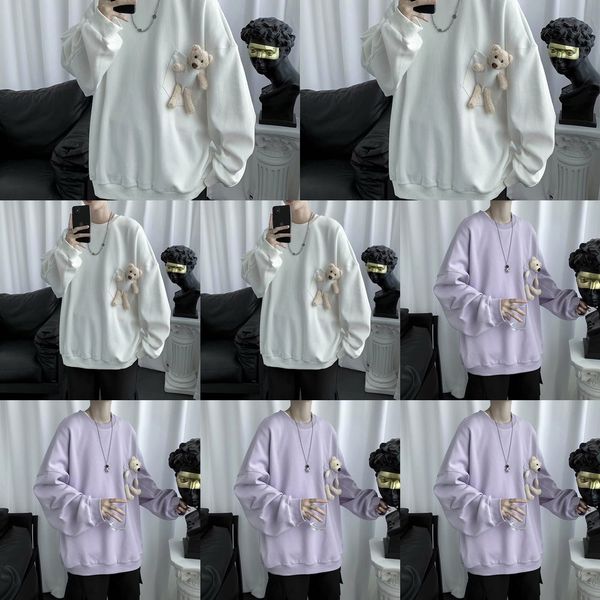 

bear sweater men's round pullover pulloverpulloverneck trendy brand long sleeve t-shirt ins autumn loose korean style pullover coat, Black