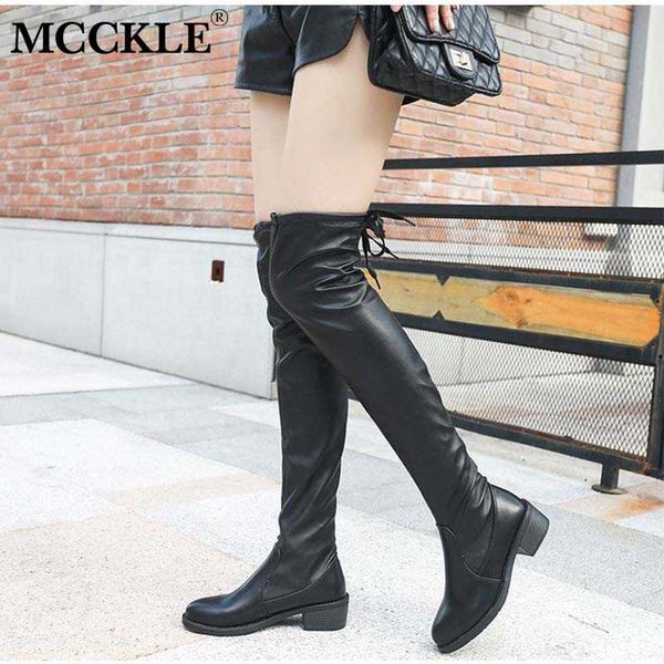 

women long boots the knee lace up pu leather ladies fashion over female fashion autumn mid heels woman footwear shoe new 2020, Black
