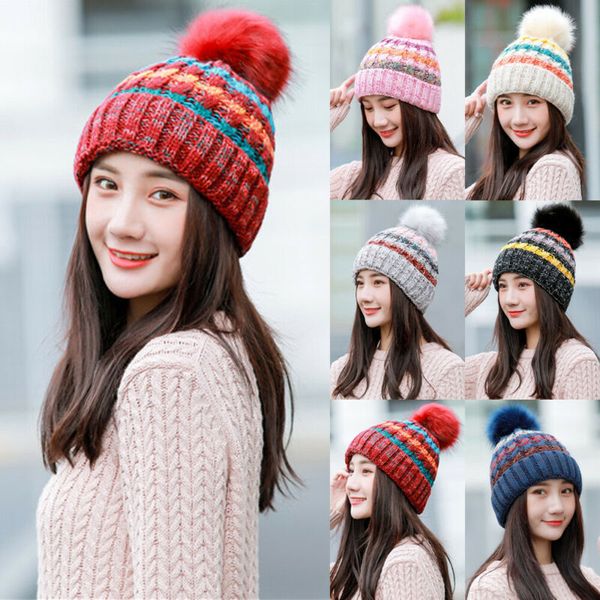 

women fur pom ball knit baggy bobble hat beanie ski cap autumn winter female warm strip beanies, Blue;gray