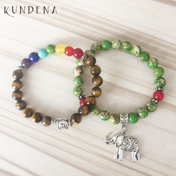 

set of 2 buddha bracelet 7 chakra tiger's eye emperor j-asper stone wrist elephant charm mala beads tibetan bracelet, Golden;silver
