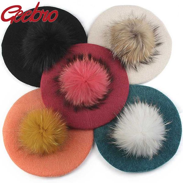 

geebro women wool beret light board female hat with raccoon fur pompom retro beret baker lady headwear winter warm elegant hats, Blue;gray