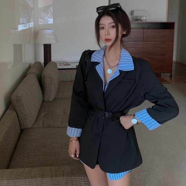 

blogger style overlaid 2020 coat shirt coatnew women's autumn striped shirt internet celebrity suit coat western style two-piece suit r, Gray
