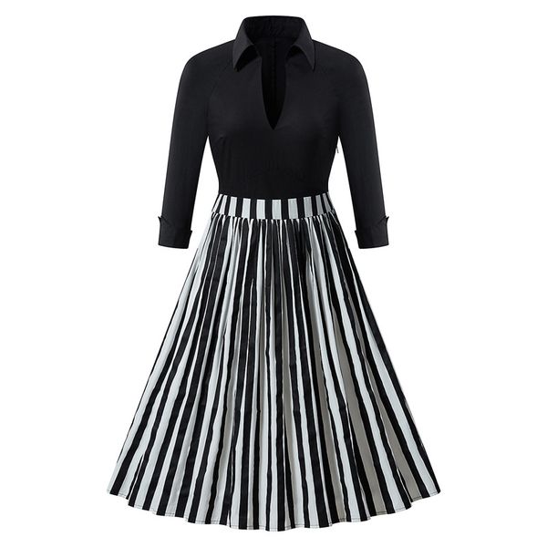 

2020 new fashion women summer vintage stand collar striped dress ladies black white striped party vestidos plus size bg56, Black;gray