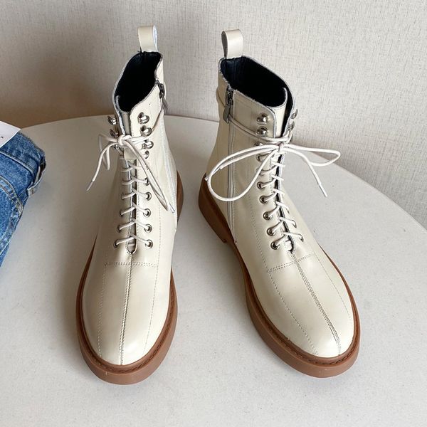 

genuine leather women ankle boots black beige low heel round toe zipper shoes woman casual riding boots size 34-40