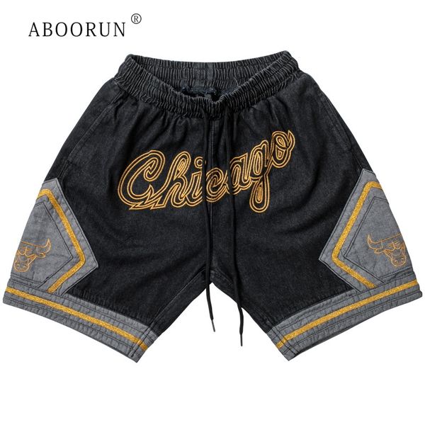 

aboorun hip hop men's summer denim shorts chicago embroidery denim shorts drawstring patchwork for male, White;black