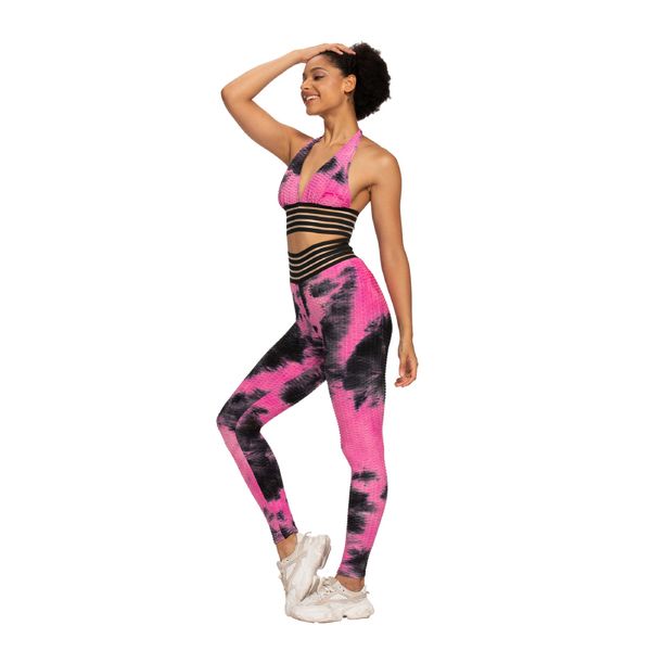 

yoga outfits pink tie dye set sports bras for women workout clothes leggings suit fitness mesh patchwork gym female, White;red