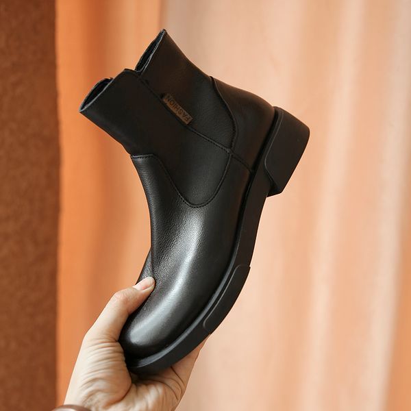 

genuine leather chunky heels motorcycle bootslow heels ankle boots autumn winter side zipper shoes woman party working boots, Black
