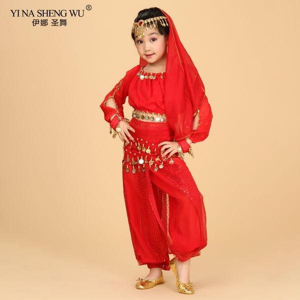 

bollywood belly dance costume set for kids egypt egyptian oriental belly dance suit for girls dress 120d chiffon pant, Black;red