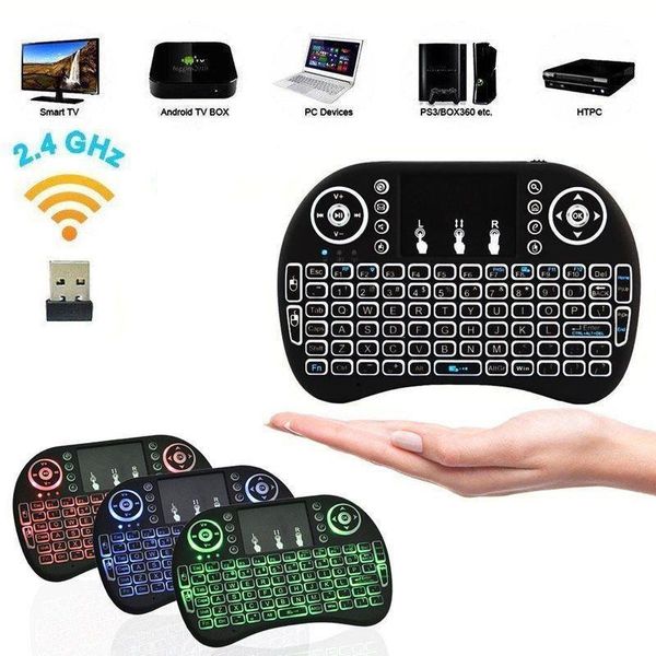 

i8 wireless keyboard backlight 3 colors 2.4g air mouse keyboard remote control touchpad rechargeable lithium battery for android tv box