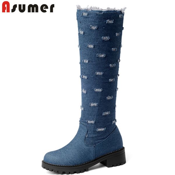 

asumer plus size 34-47 fashion autumn winter boots round toe med heels knee high boots denim elegant women, Black