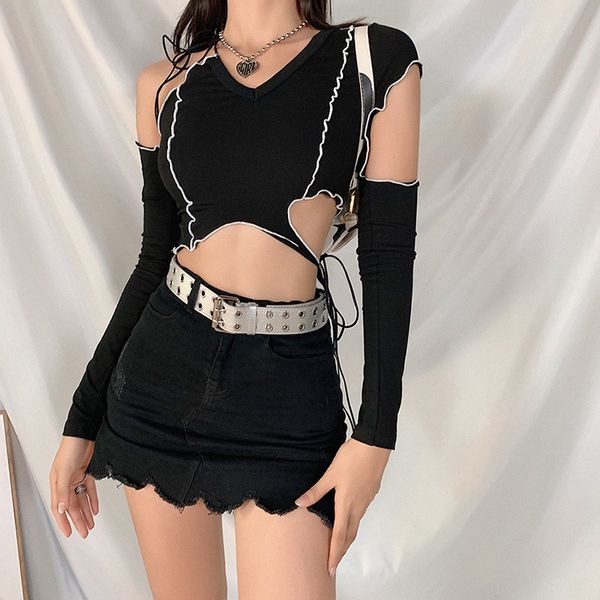 

e-девушка моды выдалбливают лоскутная черные футболки gothic backless узелок оборками crop tops women осень streetwear, White