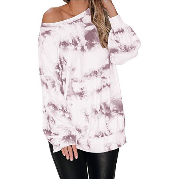 

5 color women's long-sleeved shirt new tie-dye gradient color round neck lantern sleeve side slit off shoulder casual loose sweater, Black