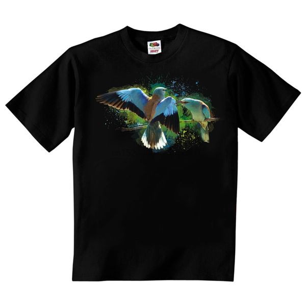 

mans t-shirt with original p print of birds rollers watercolor effect