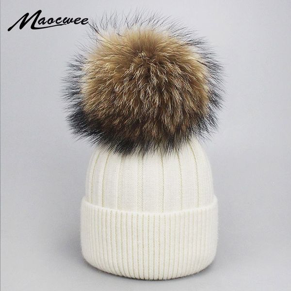

родитель-ребенок твердая beanie hat зимняя шерсть вязаная шапка с real raccoon fur pom pom открытый теплый повседневный skullies шапочки bon, Blue;gray