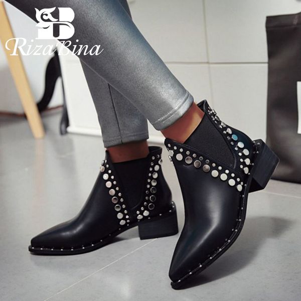 

boots rizabina women ankle fashion rivets winter shoes warm fur thick heel short office lady footwear size 35-40, Black