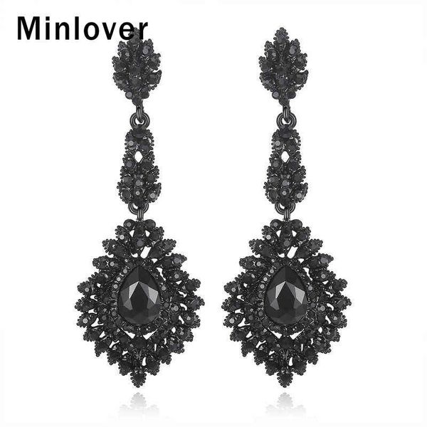 

minlover teardrop crystal bridal long dangle earrings black color chandelier hanging vintage earring for women accessories eh192, Silver