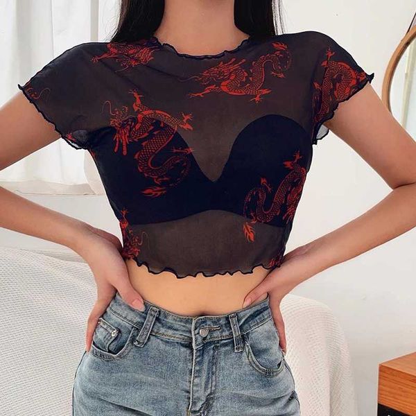 

women chinese style dragon print transparent mesh female t-shirt crop fashion slim summer tshirt tee clothes, White