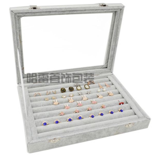

medium velvet grey suitcase with glass lid jewelry ring display box tray holder storage box organizer earrings ring bracelet t200917, Black;white