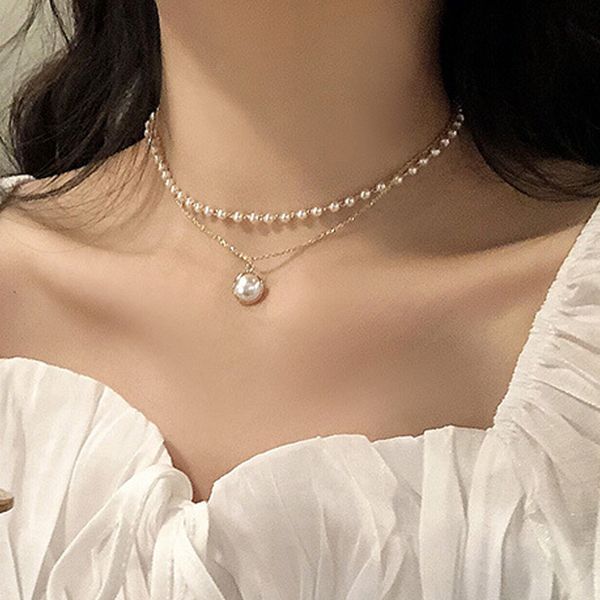 

2020 double layer chain gold color fashion choker cute romantic women pearl pendant necklace girl chocker collar collier femme, Silver