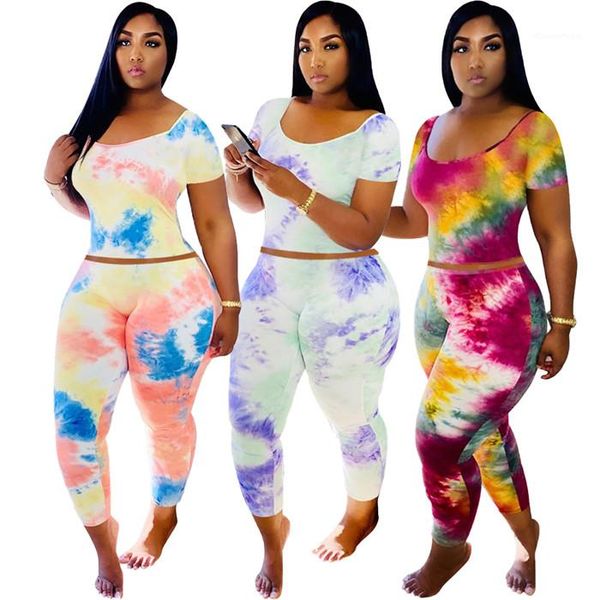 

neck short sleeve tshirt casual trousers famale summer sport suit women slim fit tracksuits tie dye u, Gray
