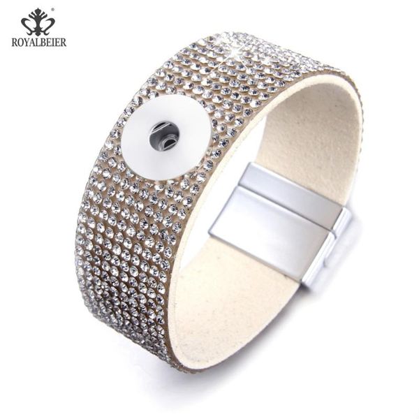 

royalbeier wide punk leather bracelet for women three colors pulseras rhinestone stone bracelets fit 18mm/20mm diy snap buttons, Golden;silver