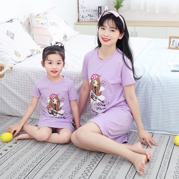 

summer dress family matching outfits girls cotton cartoon dress short sleeve nightgown family look mother kids sleepwear, Blue