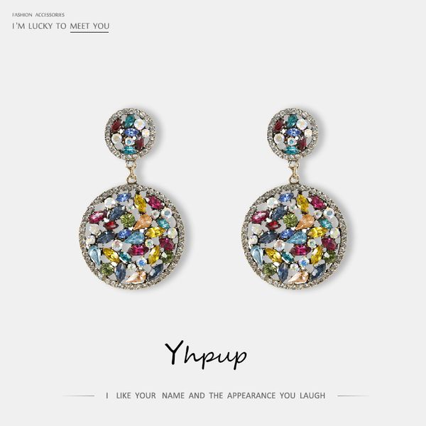 

yhpup trendy luxury rhinestone crystal round geometric dangle earrings temperament statement brincos for women party gift 2020, Silver