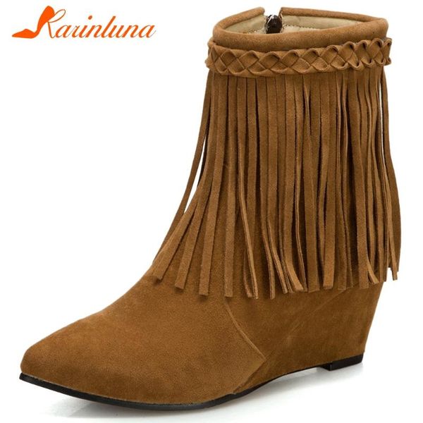 

karin плюс размер 32-48 девочка 2020 ежедневно boots острым носом клинья высокие каблуки fringe zip женщин ботинки лодыжки ботинки женщин, Black