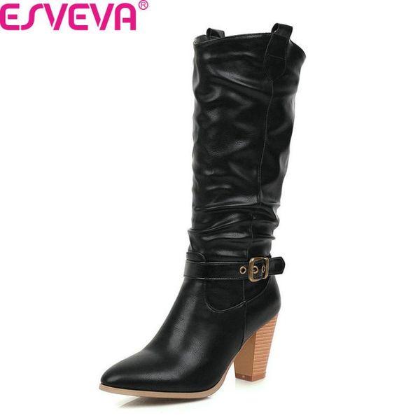 

esveva 2020 new autumn winter buckle slip on mid calf boots square high heel pu leather all match women shoes big size 34-43, Black