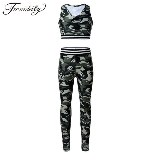 

running sets camouflage printed girls sport sleeveless racer back tanks crop with leggings pants kids teens girl tracksuit outfit, Black;blue