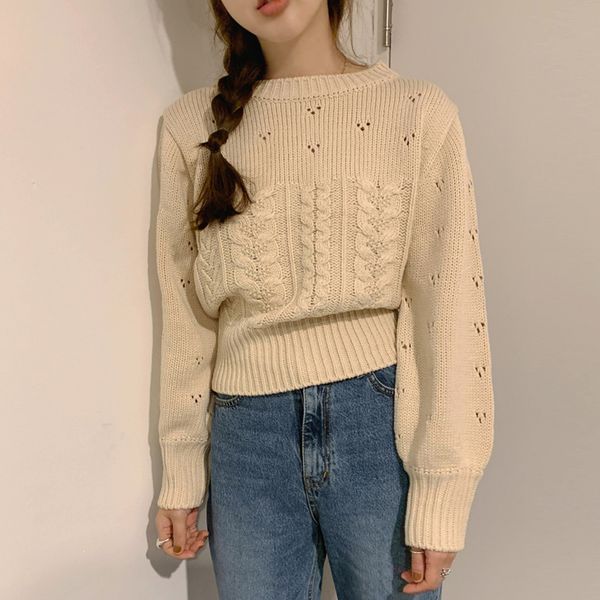 

women's sweaters 2021 autumn sweet pattern knitted sweater women o-neck with hollow short vintage lantern sleeve, White;black