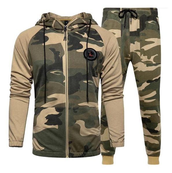 

sets casual homme two piece suits camouflage men 2pcs tracksuits spring autumn slim cardigan hooded sweatshirts long pants, Gray
