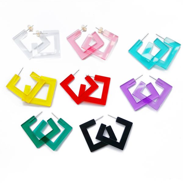 

new fashion 9 colors cute geometric square hoop earrings for girl open square transparent acrylic earrings women party e18100, Golden;silver