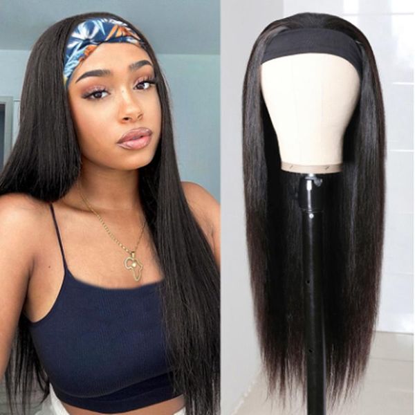 

straight headband wig human hair wigs high density remy peruvian straight hair wig full machine made for black women, Black;brown