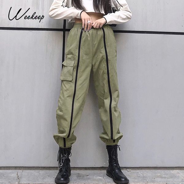 

weekeep elastic high waist patchwork zipper cargo pants baggy joggers sweatpants women streetwear fashion punk hip hop trousers, Black;white