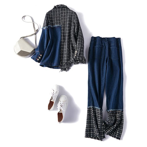 

denim patchwork hit color plaid two piece set for women lapel collar long sleeve coat high waist jeans female suit, White