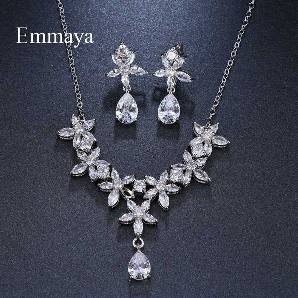 

emmaya brand shining flower shape water drop pendat cubic zircon crystal earrings necklace set for women bride jewelry gift, Silver