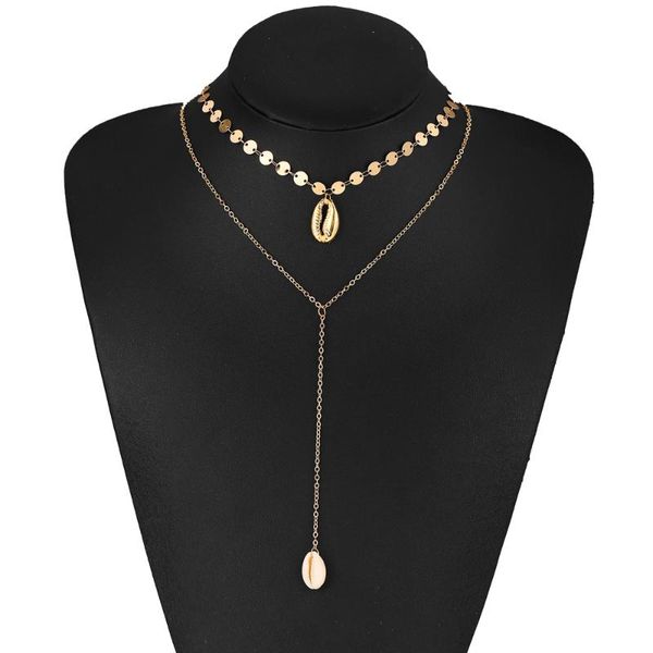 

women creative shell pendant y shape gold chain metal sequins retro simple necklace jewelry, Golden;silver