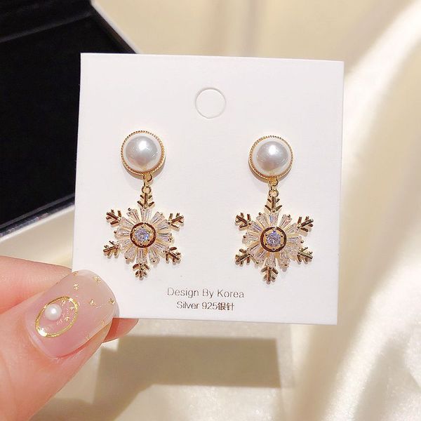 

high-end cubic zircon snowflake earrings for women gold color imitation pearl dangle earrings jewelry, Silver