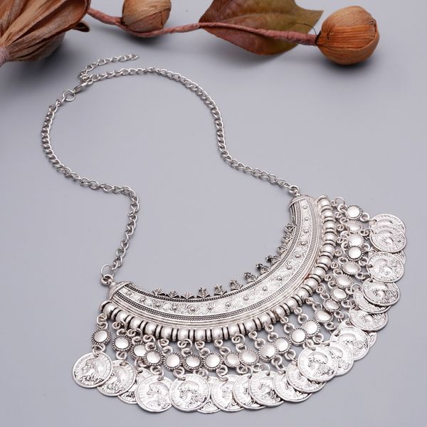

bohemian ethnic big choker round ring necklace handmade pattern engraved vintage women party metal necklace jewelry wholesale, Golden;silver