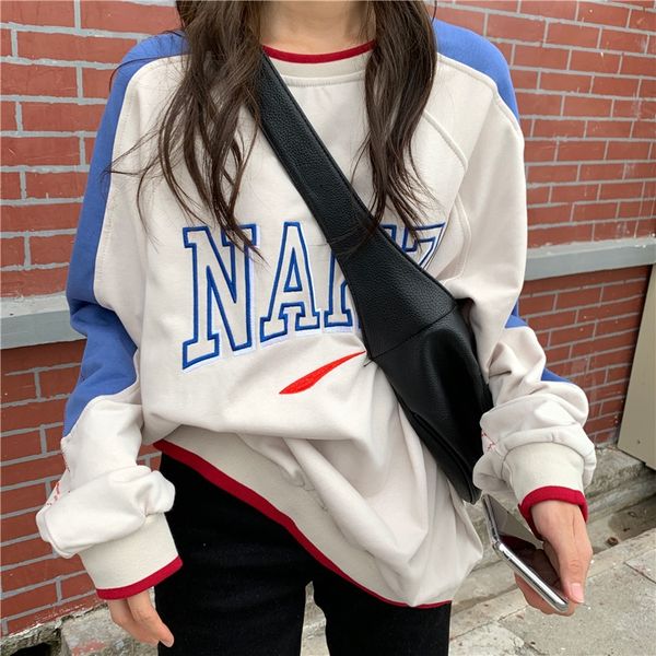 

american girl letter new trend embroidered sweater personalized letter embroidery loose design sense contrast color long sleeve sweater for, Black