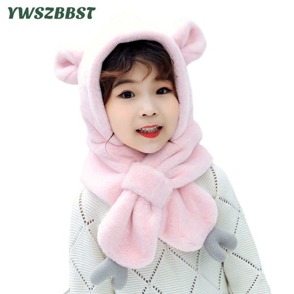 

new fashion autumn winter baby hat with hood scarf cute bear ear warm plush kids baby hat cap for boys and girls children, Yellow