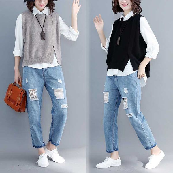 

plus size loose knitted vest women 2020 new spring autumn literary leisure all-match college style short sweater female 3xl 4xl, Black;white