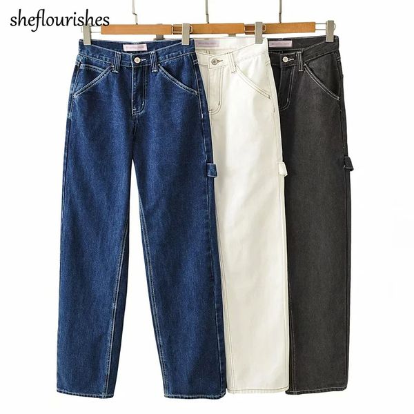 

2020 autumn jeans women high waisted jeans vintage ladies cargo pants women baggy black blue denim pants white casual