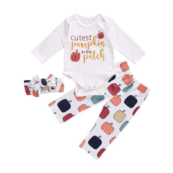 

focusnorm halloween 0-24m baby girls boys clothes sets pumpkin print long sleeve bodysuits pants headband, White