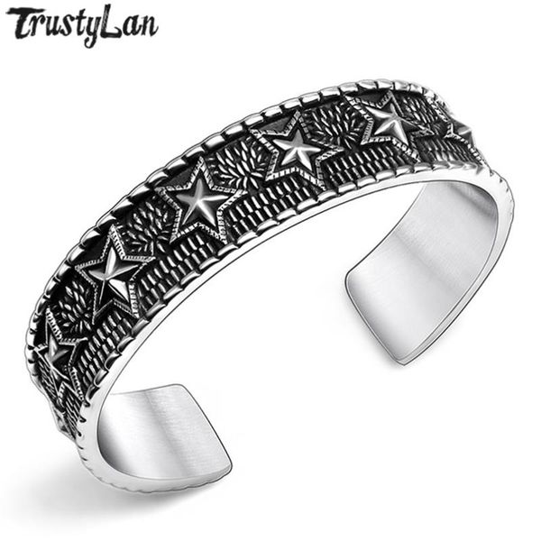 

trustylan 18mm wide bangle bracelet retro silver color steel pentagram open bangles for men cuff mens bracelets gift for husband, Black