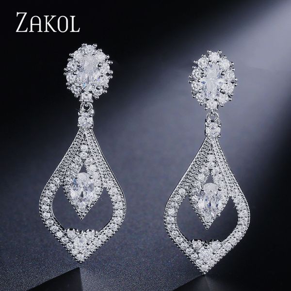 

zakol brand vintage white gold zirconia drop earrings shinny chandelier dangle crystal jewelry for women girl fsep2042, Silver