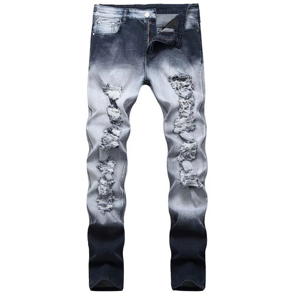 

new fashion ripped jeans casual skinny slim fit denim pants biker hip hop jeans men, Blue