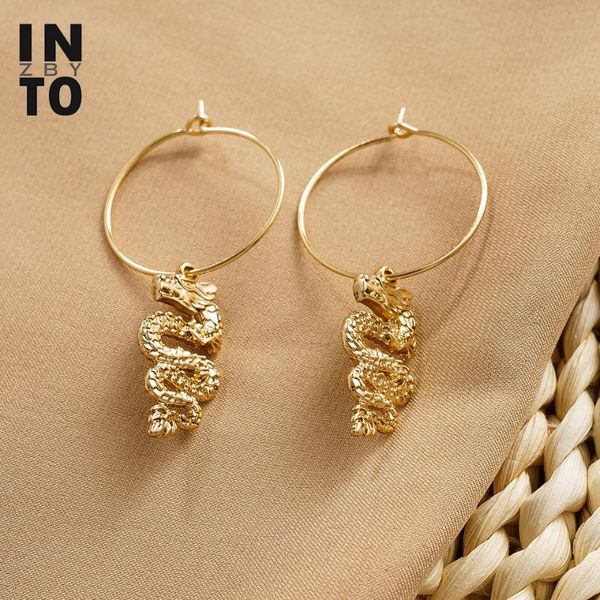 

hoop & huggie into statement metal dragon earrings for women punk gold color animal loop fashion jewelry 2021 brincos gift, Golden;silver