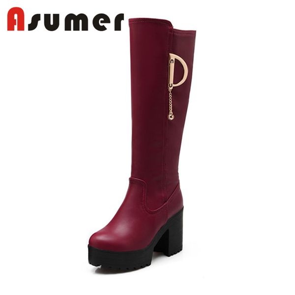 

asumer 2020 knee high boots thick heels fashion lady winter boots round toe pu heels, Black